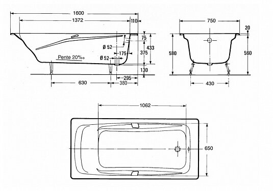 Ванна чугунная Jacob Delafon Repos 160x75 E2929-00 с отверстиями для ручек