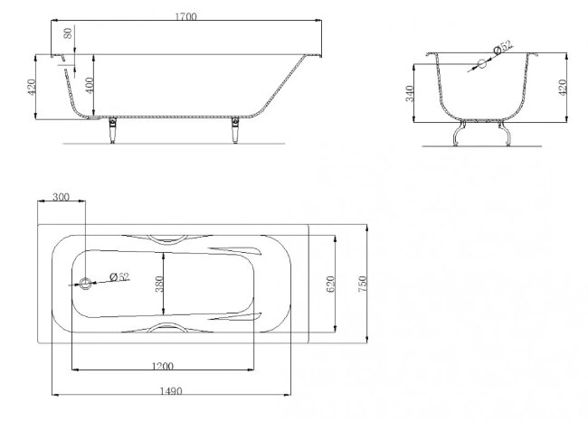 Ванна чугунная OWL 1975 Bjorn 170x75 с ручками