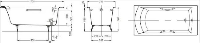 Ванна чугунная Jacob Delafon Biove 170x75 E2938-00 с отверстиями под ручки Ванна чугунная Jacob Delafon Biove 170x75 E2938-00 с отверстиями под ручки