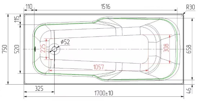 Ванна чугунная Универсал Эврика 170x75 с ручками