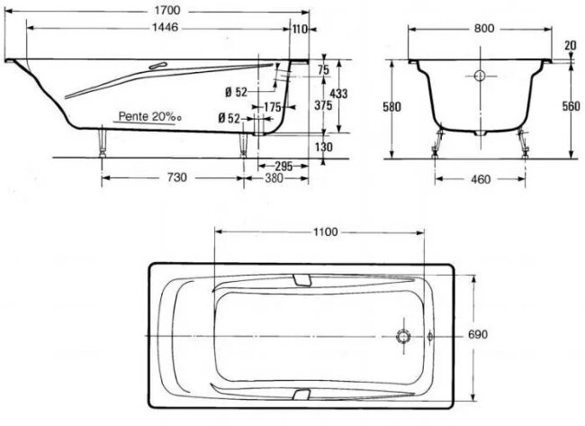 Ванна чугунная Jacob Delafon Repos 170x80 E2918-00