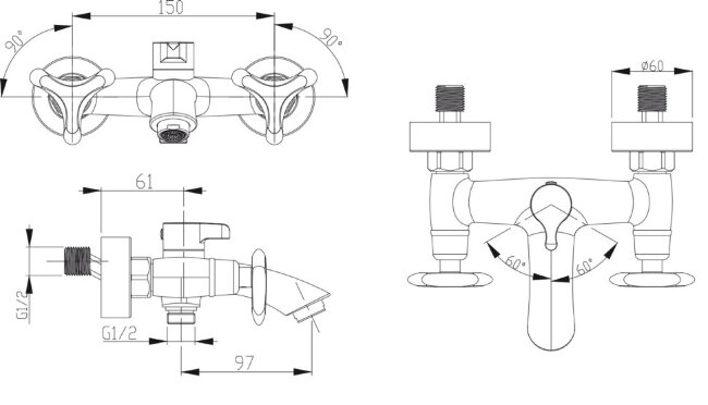 Смеситель Kaiser 57022-1 Trio для ванны