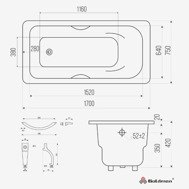 Ванна чугунная Goldman Donni 170x75 с ручками и ножками Ванна чугунная Goldman Donni 170x75 с ручками и ножками