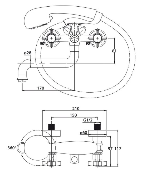 Смеситель Kaiser 41022-1 Cross для ванны