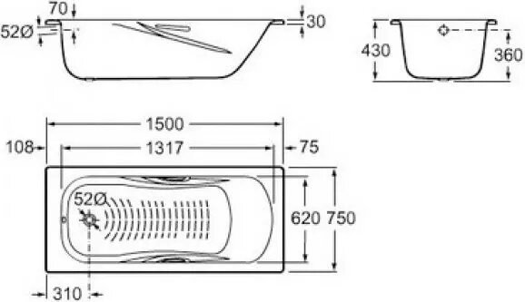 Стальная ванна Roca Princess-N 150x75 с ручками 2204E0000