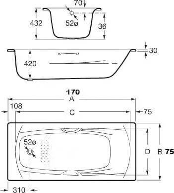 Стальная ванна Roca Swing 170x75 с ручками 2201E0000