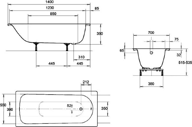 Стальная ванна Kaldewei Eurowa 140x70 mod. 309-1 119512030001