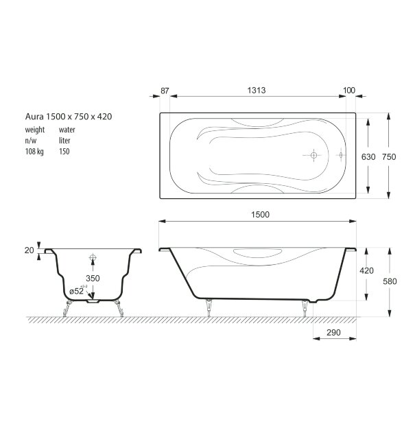 Ванна чугунная Vinsent Veron Aura 150x75 Ванна чугунная Vinsent Veron Aura 150x75
