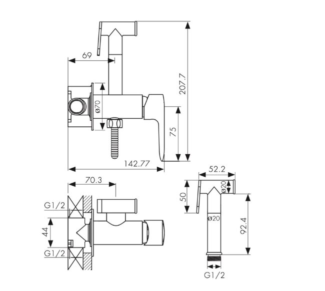 Смеситель Kaiser 62188 Estilo встроенный для биде с душем