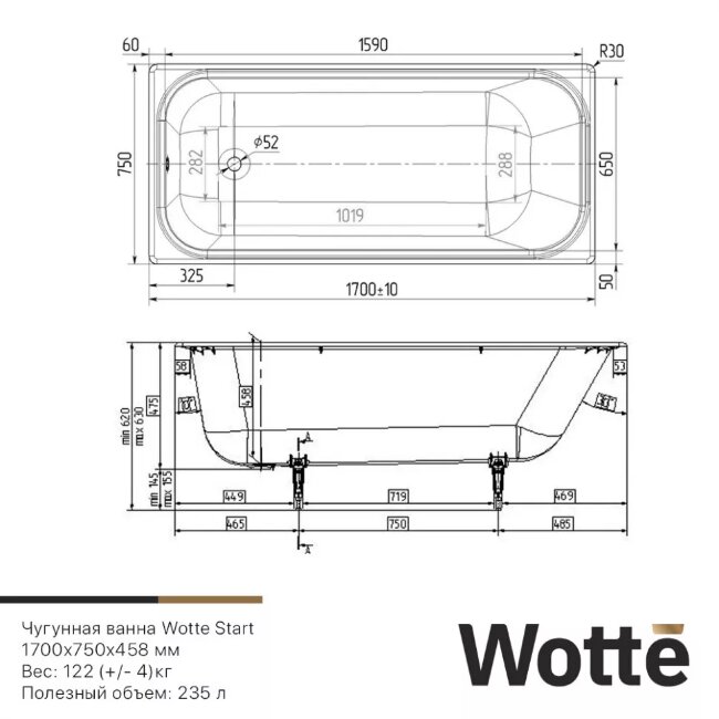 Ванна чугунная Wotte Start 170x75 с ручками Ванна чугунная Wotte Start 170x75 с ручками