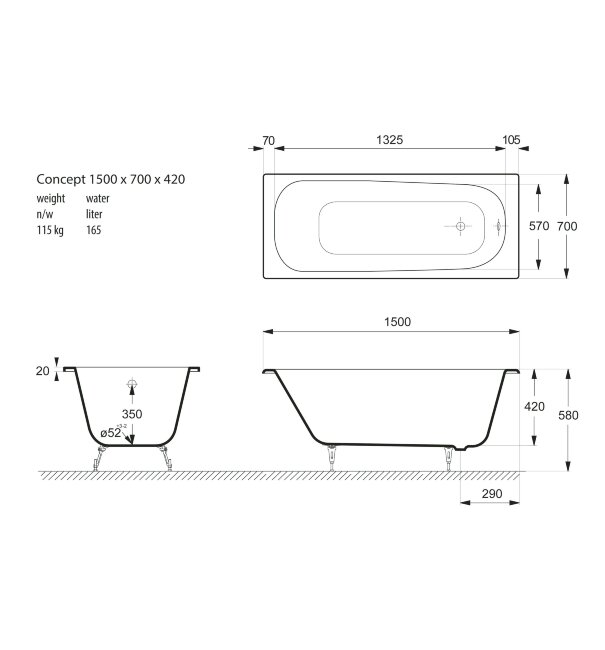 Ванна чугунная Vinsent Veron Concept 150x70 с отверстиями для ручек Ванна чугунная Vinsent Veron Concept 150x70 с отверстиями для ручек