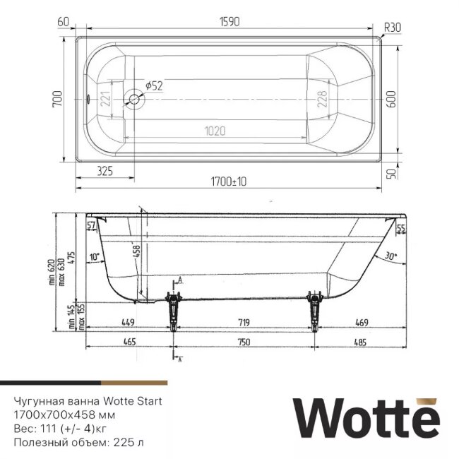 Ванна чугунная Wotte Start 170x70 с ручками Ванна чугунная Wotte Start 170x70 с ручками