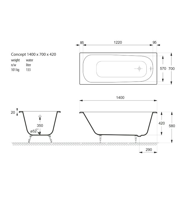 Ванна чугунная Vinsent Veron Concept 140x70 с отверстиями для ручек Ванна чугунная Vinsent Veron Concept 140x70 с отверстиями для ручек