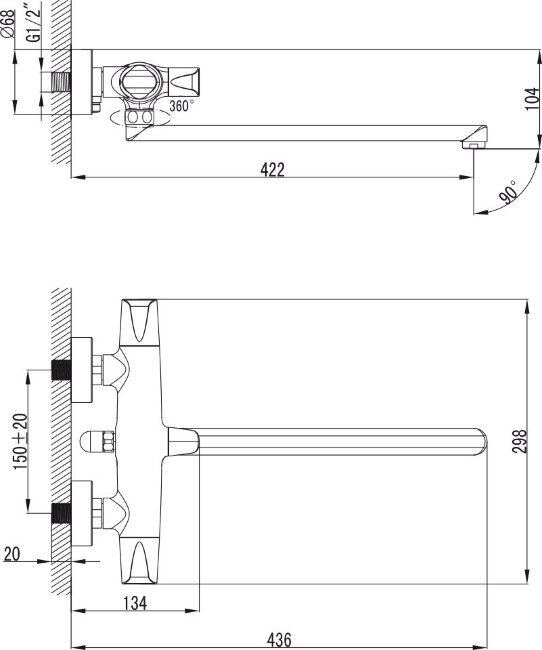 Смеситель Kaiser 46155+лейка+шланг Suer для ванны