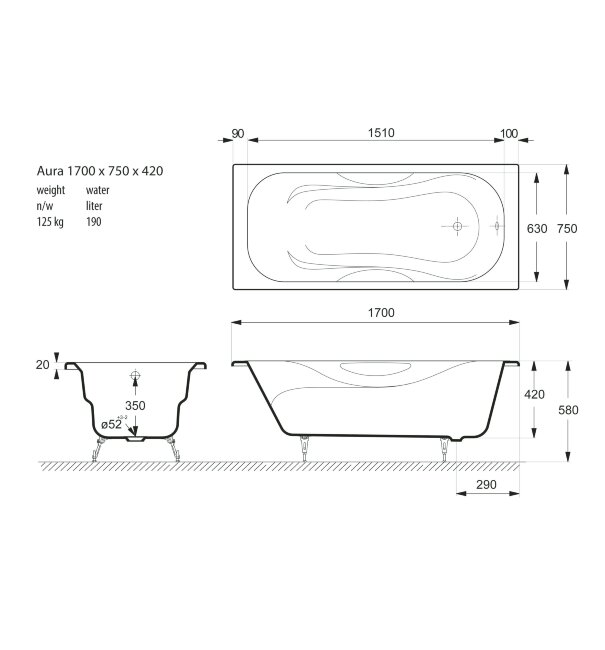 Ванна чугунная Vinsent Veron Aura 170x75 с отверстиями для ручек Ванна чугунная Vinsent Veron Aura 170x75 с отверстиями для ручек