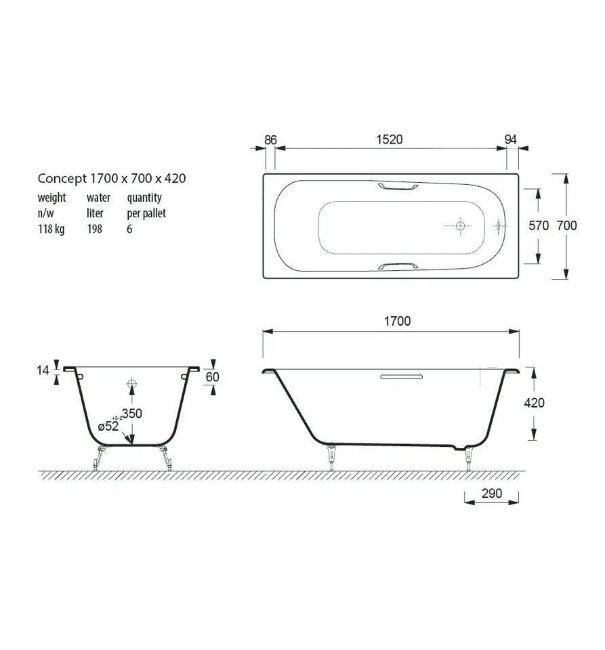 Ванна чугунная Vinsent Veron Concept 170x70 с отверстиями для ручек Ванна чугунная Vinsent Veron Concept 170x70 с отверстиями для ручек