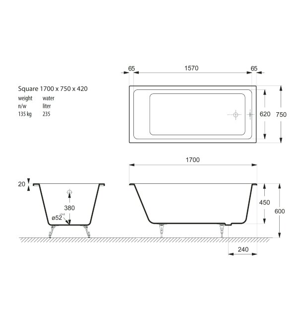 Ванна чугунная Vinsent Veron Square 170x75 с отверстиями для ручек Ванна чугунная Vinsent Veron Square 170x75 с отверстиями для ручек