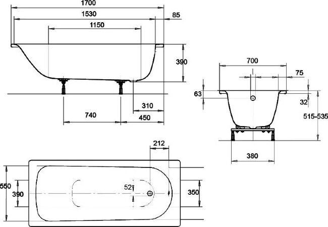 Стальная ванна Kaldewei Eurowa 170x70 mod. 312-1 119812030001 Стальная ванна Kaldewei Eurowa 170x70 mod. 312-1 119812030001