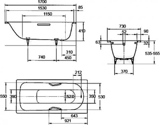 Стальная ванна Kaldewei Advantage Saniform Plus 170x73 mod. 371-1 112900010001